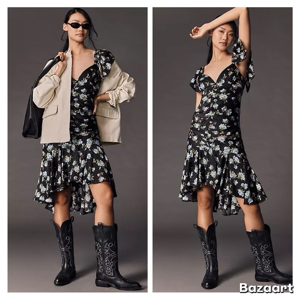 NWT Anthropologie Sweetheart Ruched Drop Waist Floral Dress Size S